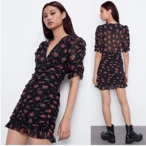 Zara Black Printed Mesh Ruched and Draped Red Rose detailing size xxl